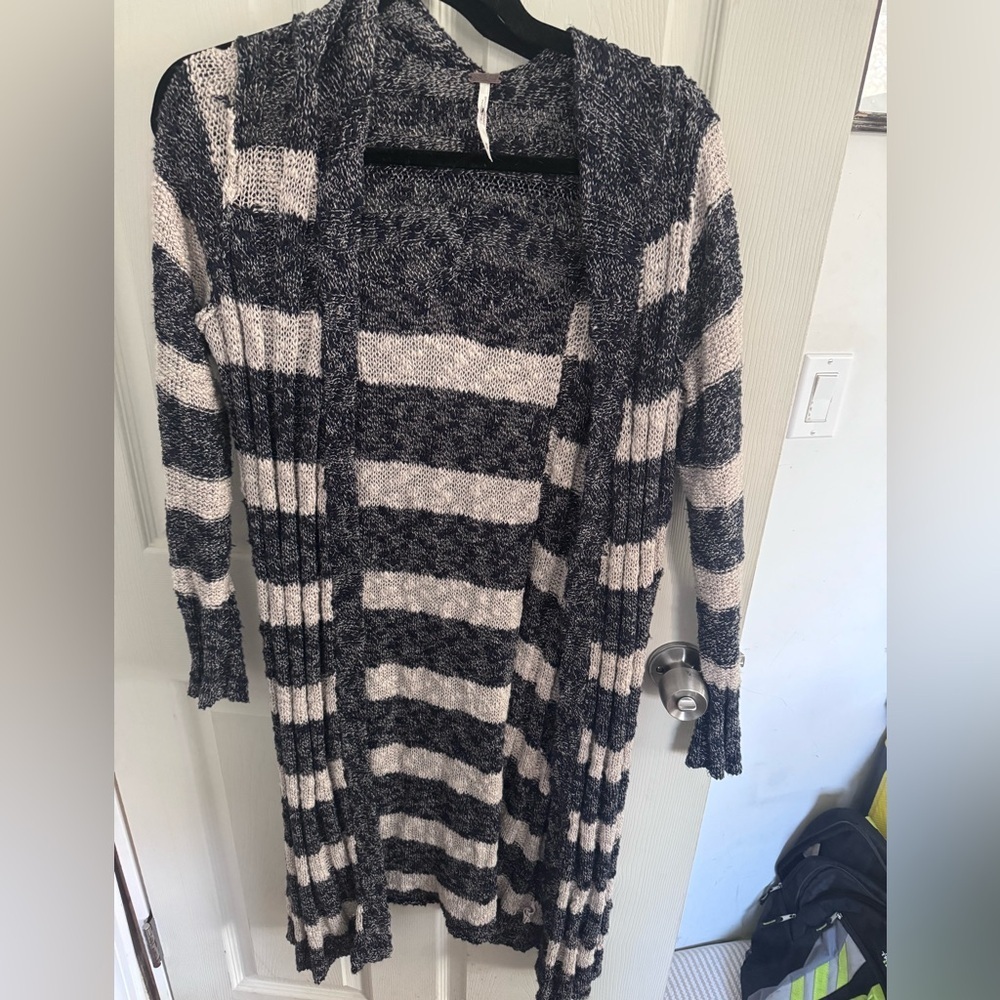 Free People Navy Blue Oatmeal Striped Free Spirit Open Front Duster Cardigan - Picture 3 of 10